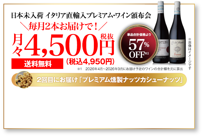 日本未入荷イタリア直輸入プレミアム赤ワイン頒布会 月々4,500円（税抜）でお届け 2回目のお届け時に「プレミアム燻製ナッツカシューナッツ」プレゼント！