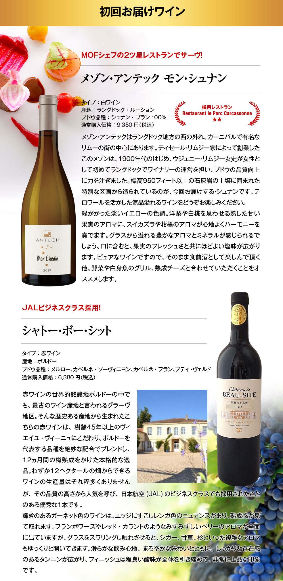 初回お届けワイン　ミシュラン星付き＆ビジネスクラス採用