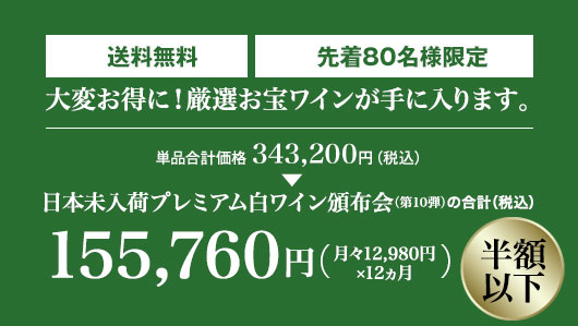 単品合計価格の半額以下 月々(税込)12,980円 毎月3本お届け
